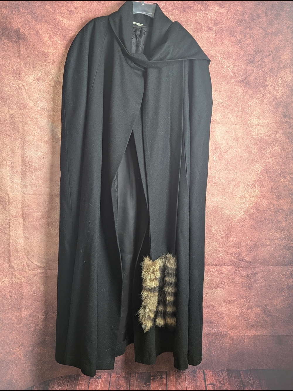 Vtg Junior Colony Black Wool Blend Full Length Cape Poncho, Fur Tail accents,USA